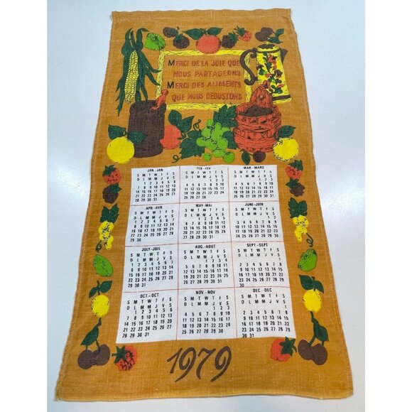 Vintage 1979 calendar tea towel, bilingual/French dishcloth, born in 1979 gift - Picture 1 of 8
